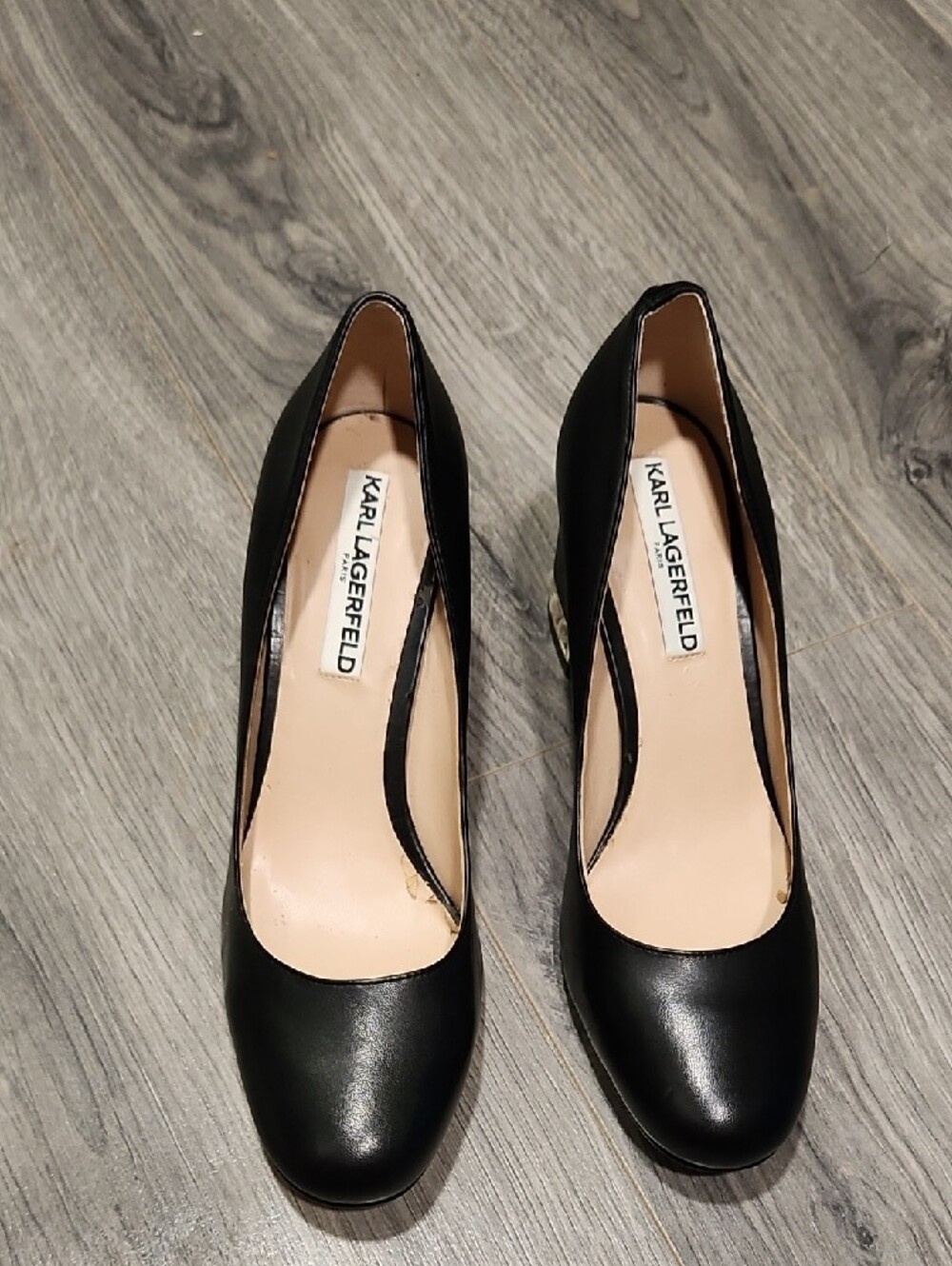 Karl Lagerfeld Black Sally Leather Block Heel Pumps W/Gold Accent & Pearl Detail - Picture 2 of 6